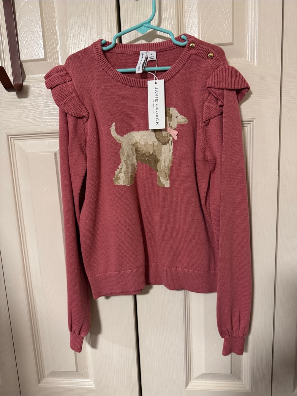 Janie and Jack Rose Pink Ruffle Shoulder Dog Intarsia Sweater